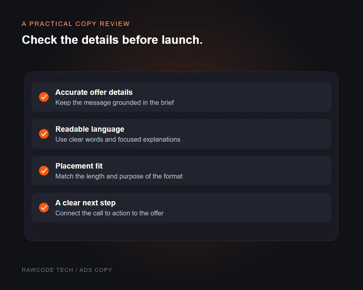 Ad copy checklist illustration covering accurate details, readable language, placement fit and clear next steps.