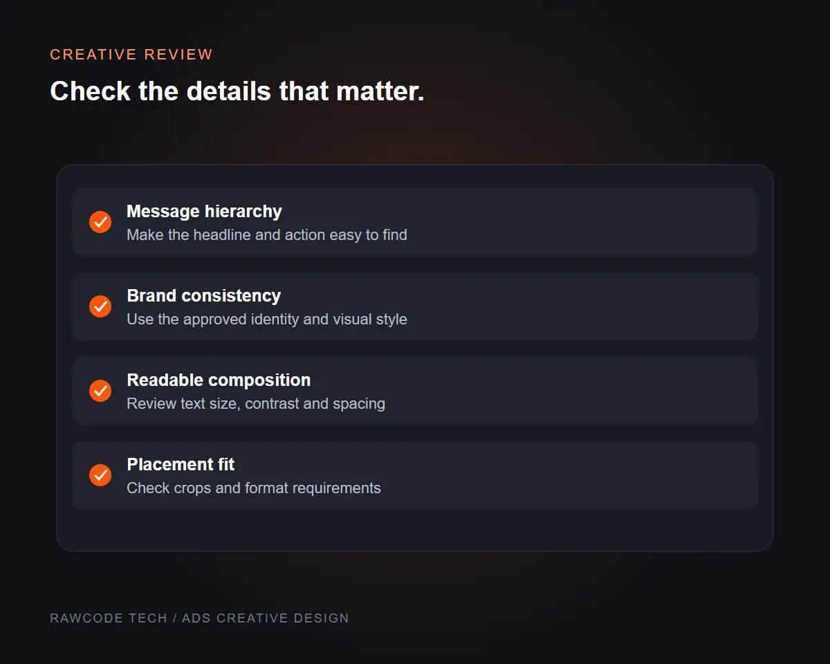 Ad design checklist illustration covering hierarchy, brand consistency, legibility and placement fit.