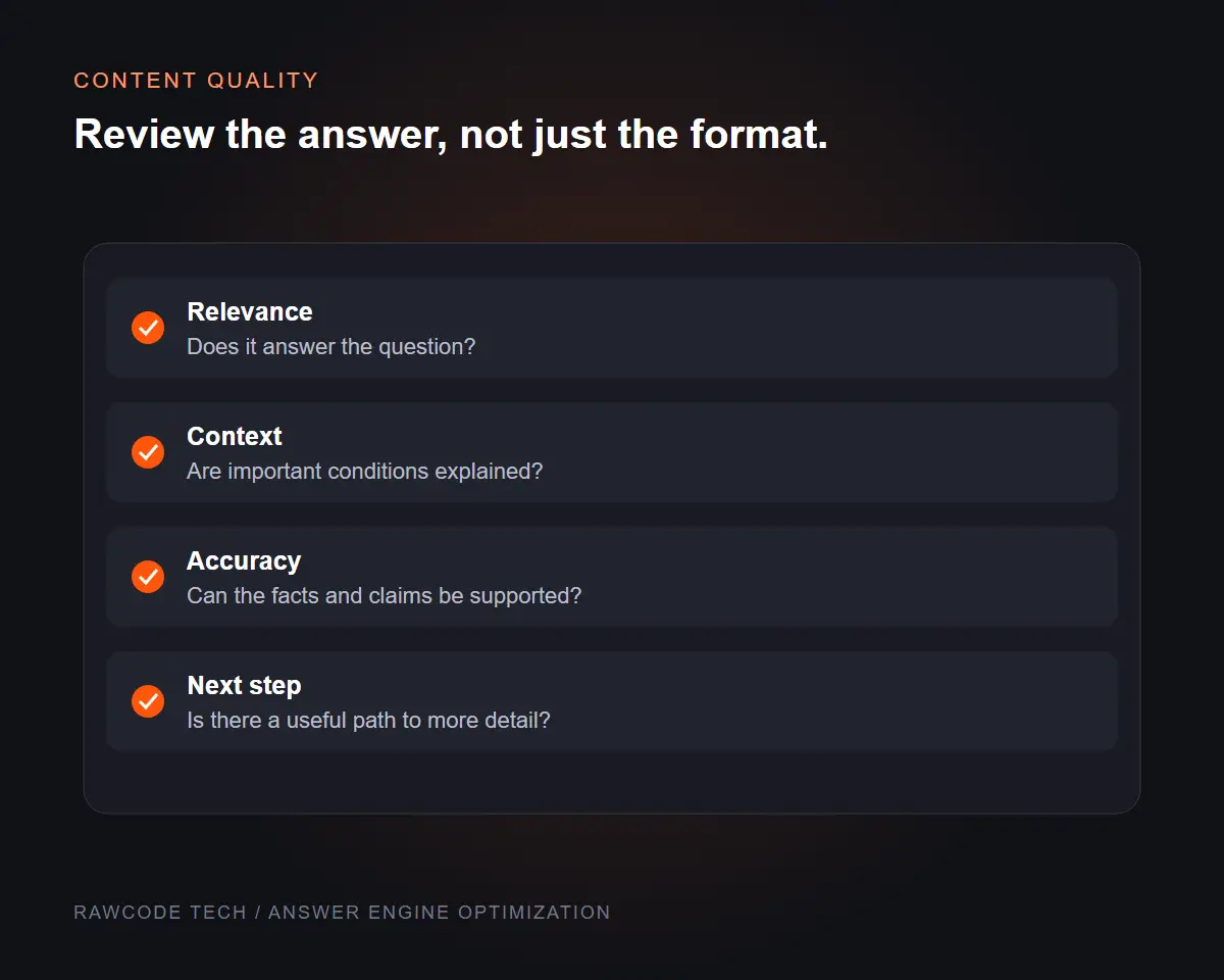 Illustrative content review checklist for answering a real question, explaining relevant context, supporting claims and linking useful next steps