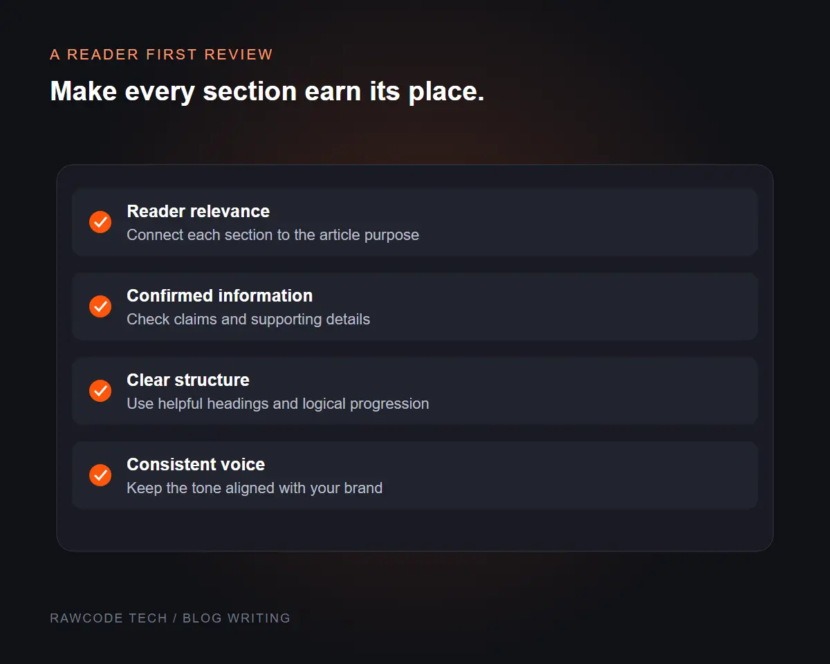 Blog article checklist illustration covering relevance, factual detail, structure and consistent voice.