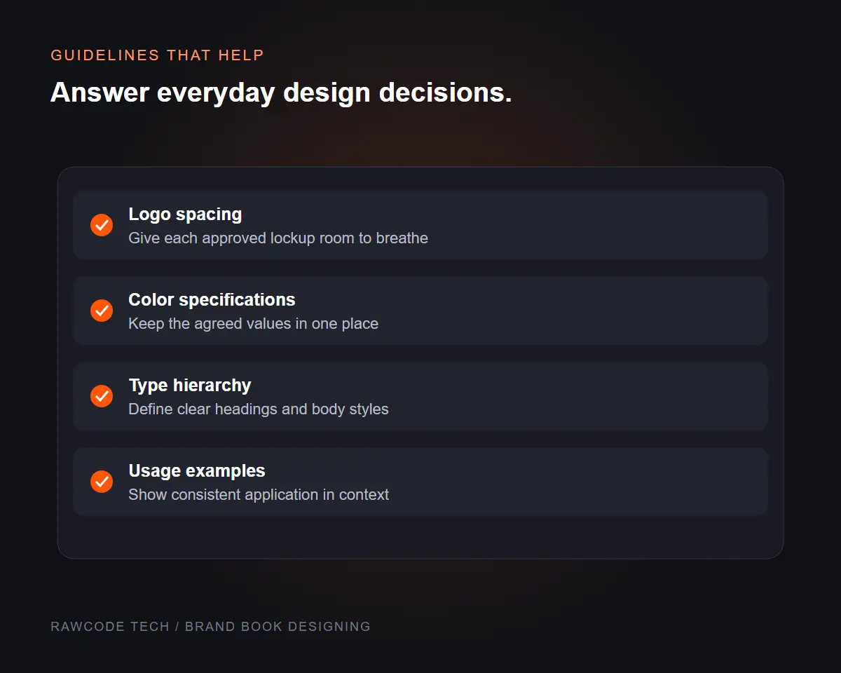 Brand guideline checklist illustration showing logo spacing, color specifications, type hierarchy and application examples.