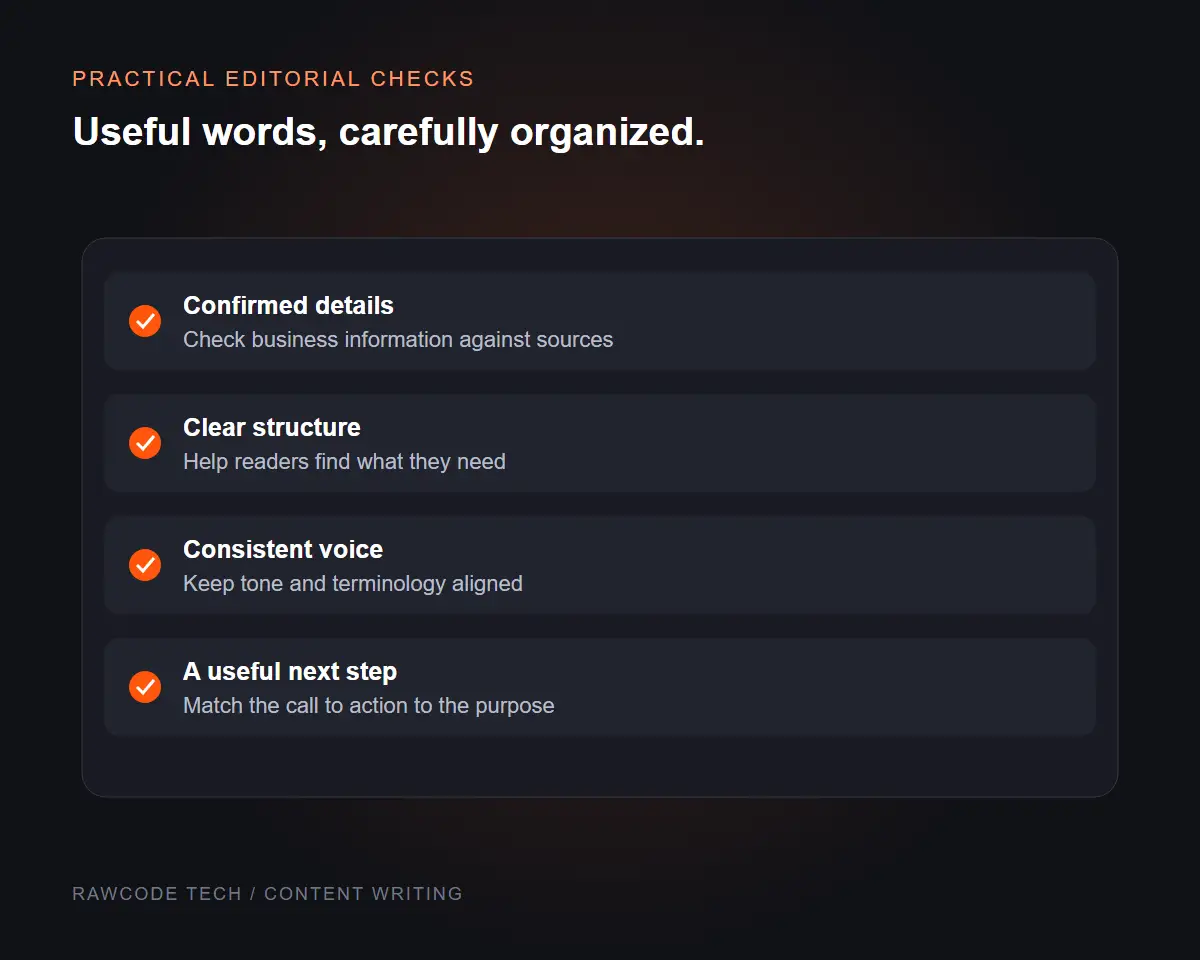Content writing quality checklist illustration covering accuracy, structure, voice and calls to action.