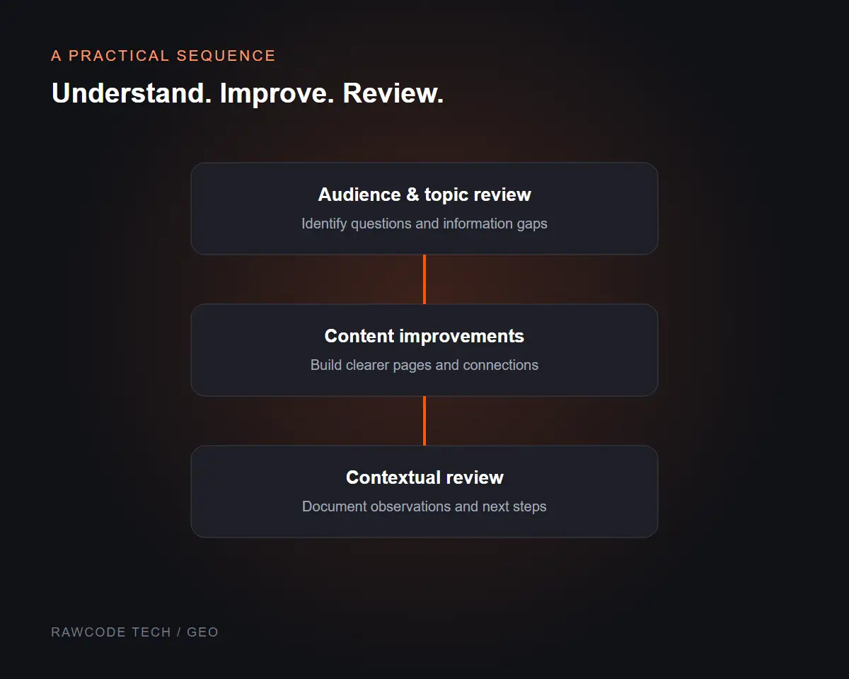 GEO workflow illustration from audience research through page improvements to contextual review.