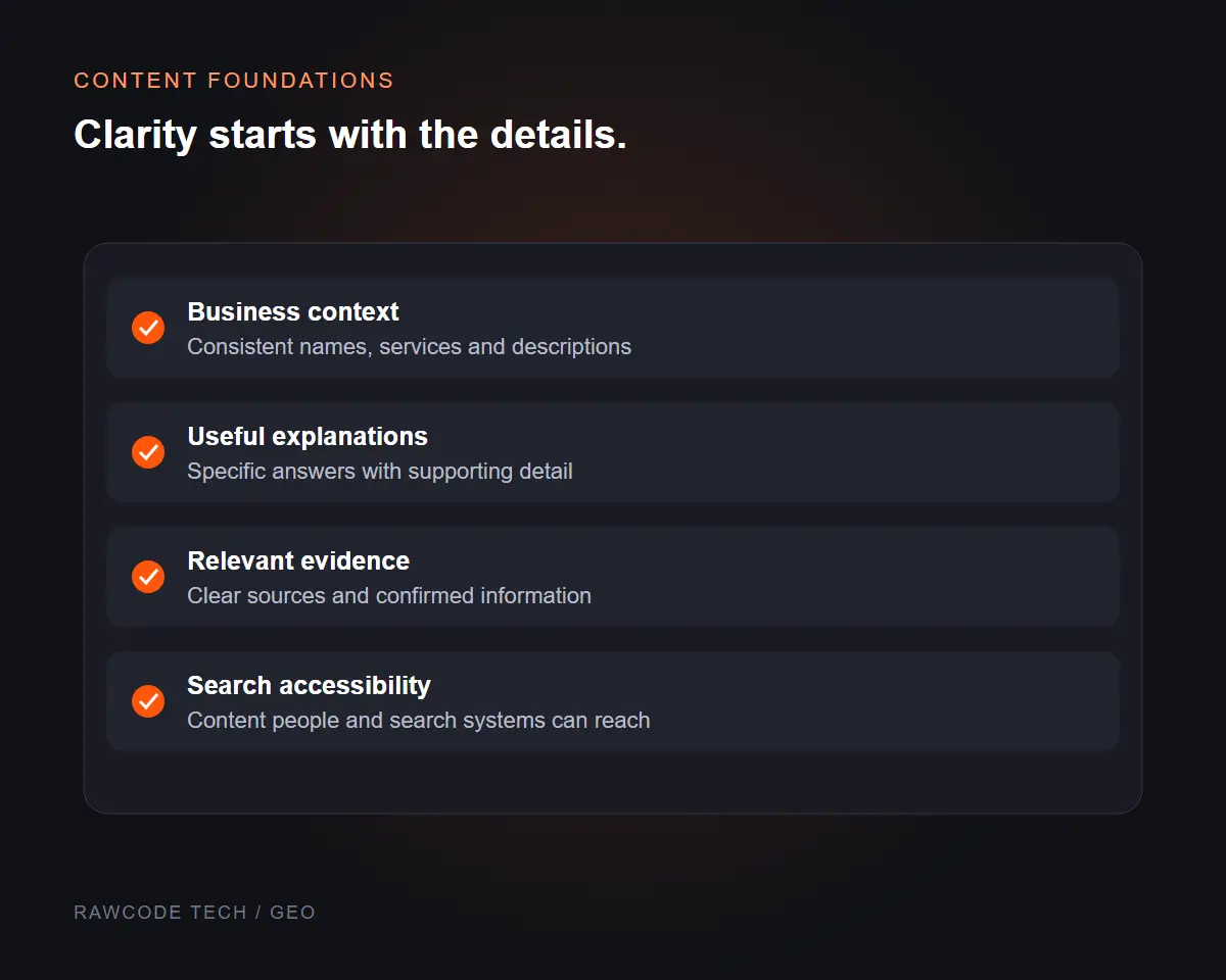 GEO content checklist illustration covering business context, explanations, evidence and accessibility.