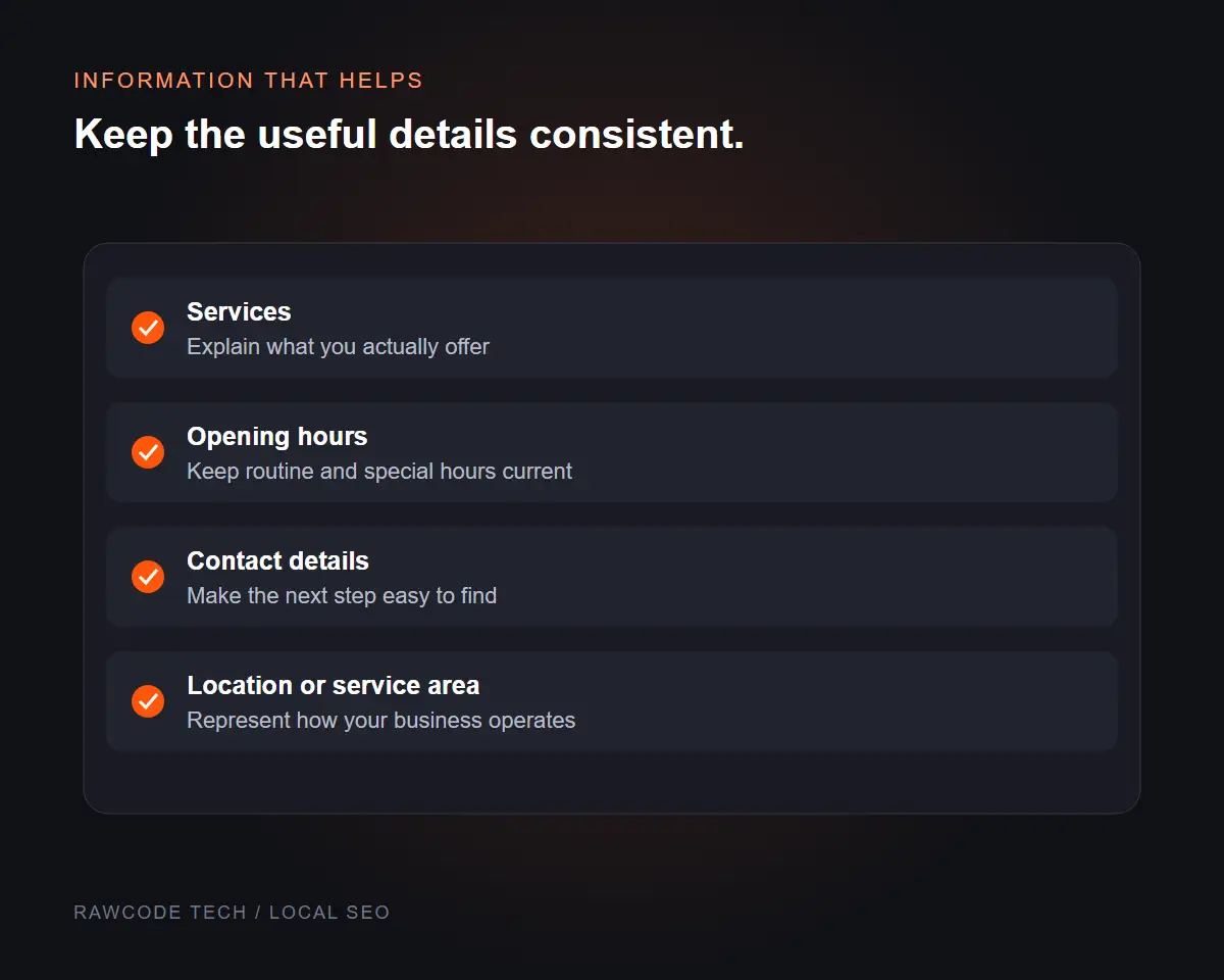 Illustrative business information checklist covering services, opening hours, contact information and location or service area without fabricated reviews or ratings