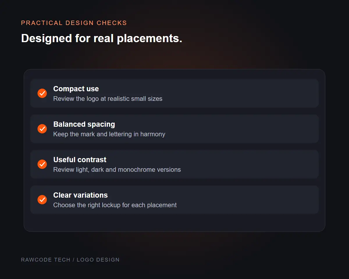 Logo quality checklist illustration covering compact use, spacing, contrast and file variations.