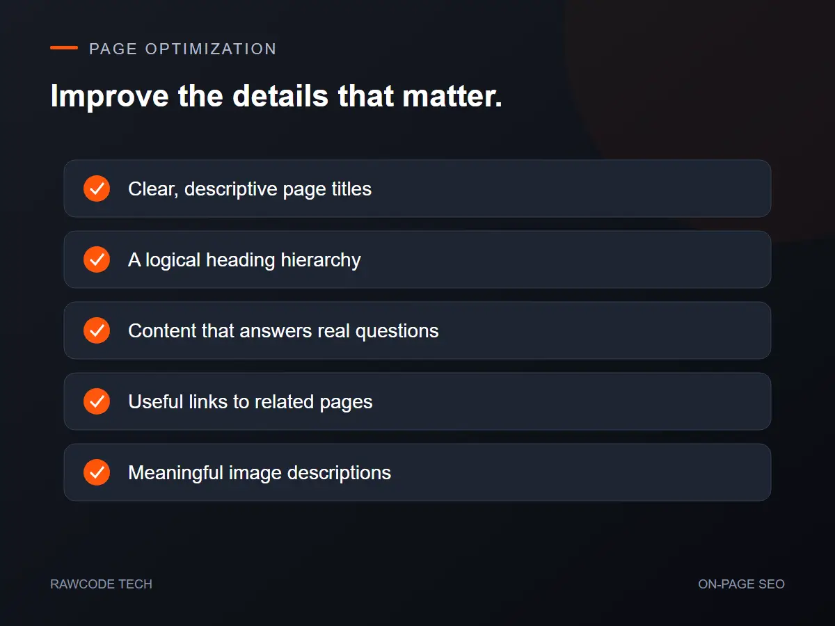 Checklist illustration covering titles, headings, content, internal links and image descriptions