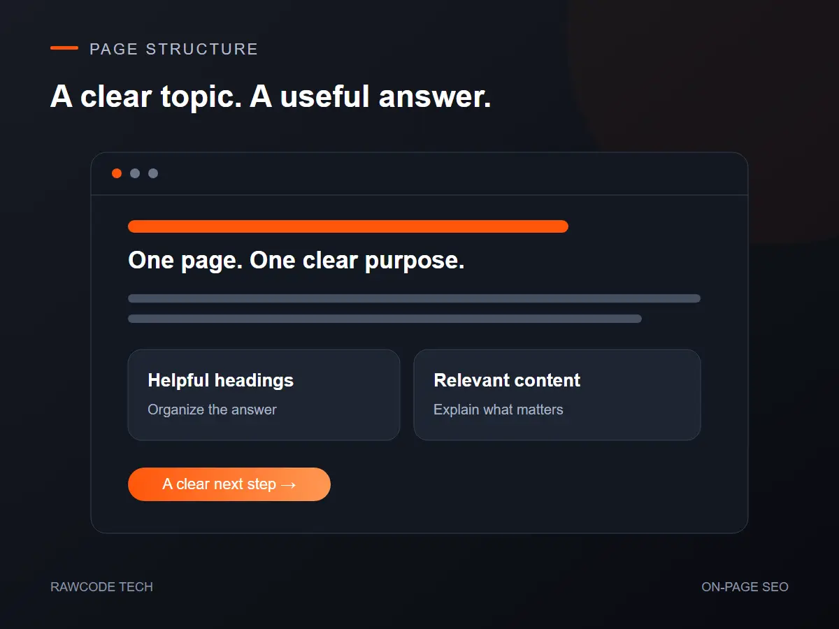 Illustration of a page structure with a title, headings, useful content and a clear next step