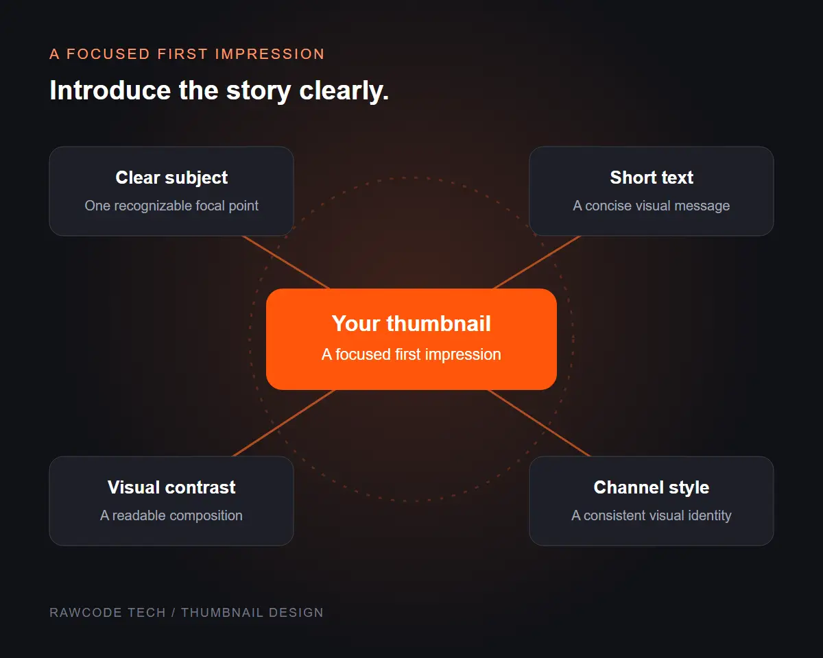 Thumbnail design illustration connecting a clear subject, short text, visual contrast and channel style.