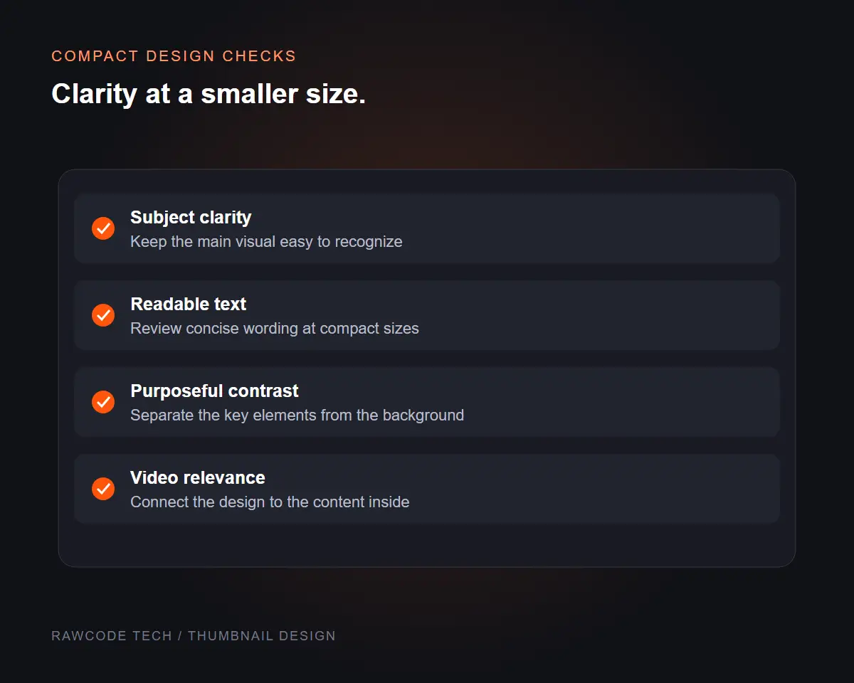 Thumbnail design checklist illustration covering subject clarity, text readability, contrast and video relevance.