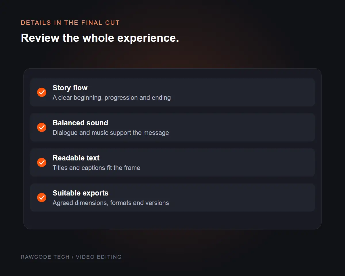 Video editing checklist illustration showing story flow, clear sound, readable text and suitable exports.