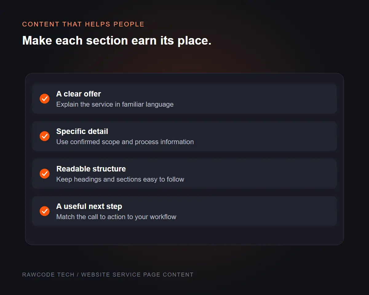 Service page content checklist illustration covering the offer, details, reading flow and next step.